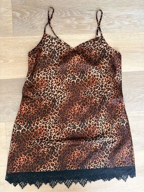 INC Leopard Print Satin Lace Trim Slip Dress XS